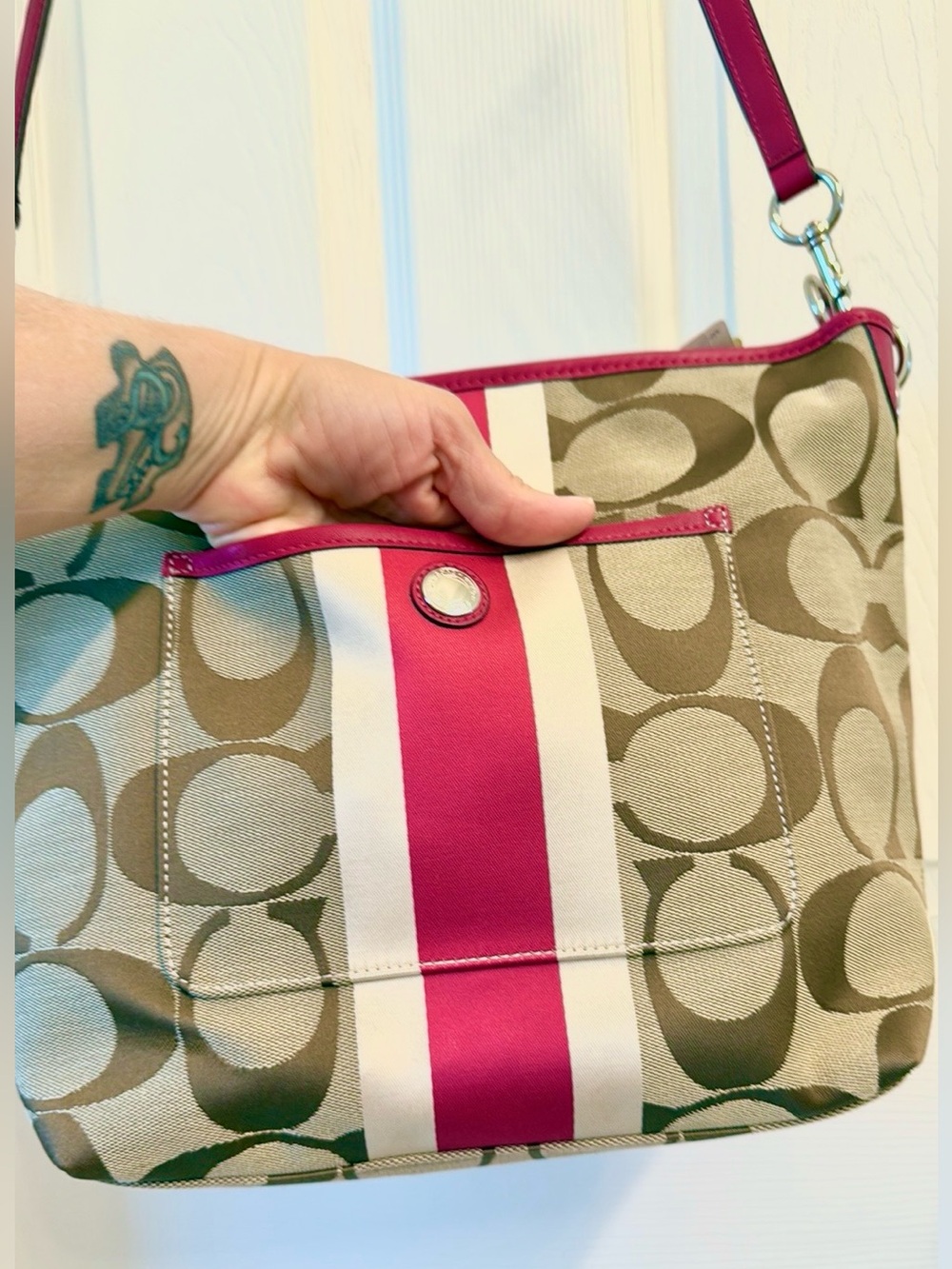 Vintage Y2K Coach Hamptons Signature Stripe Tote Pink Leather Style 10055 - Picture 10 of 17